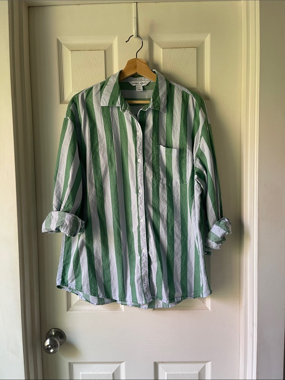 Old Navy Boyfriend Shirt Green White Striped Oversized Button Down M